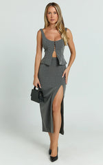 Fiona Midi Skirt - Pinstripe Bodycon Side Leg Split Workwear Skirt in Dark Grey