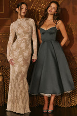 Forest Green Satin Tulle Midi Dress