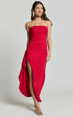 Andrea Midi Dress - Strapless Ruffle Dress in Red