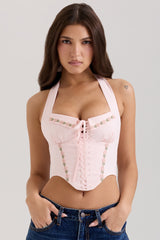 Pink Floral Embroidered Stretch Cotton Corset Top