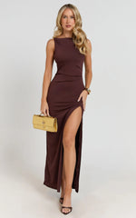 Audette Maxi Dress - Boat Neck Ruched Fitted Dress in Chocolate