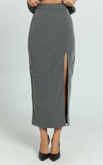 Fiona Midi Skirt - Pinstripe Bodycon Side Leg Split Workwear Skirt in Dark Grey