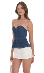 Strapless Peplum Denim Top in Blue