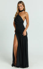 Enya Maxi Dress - One Shoulder Neck Tie Ruched High Split Dress in Black