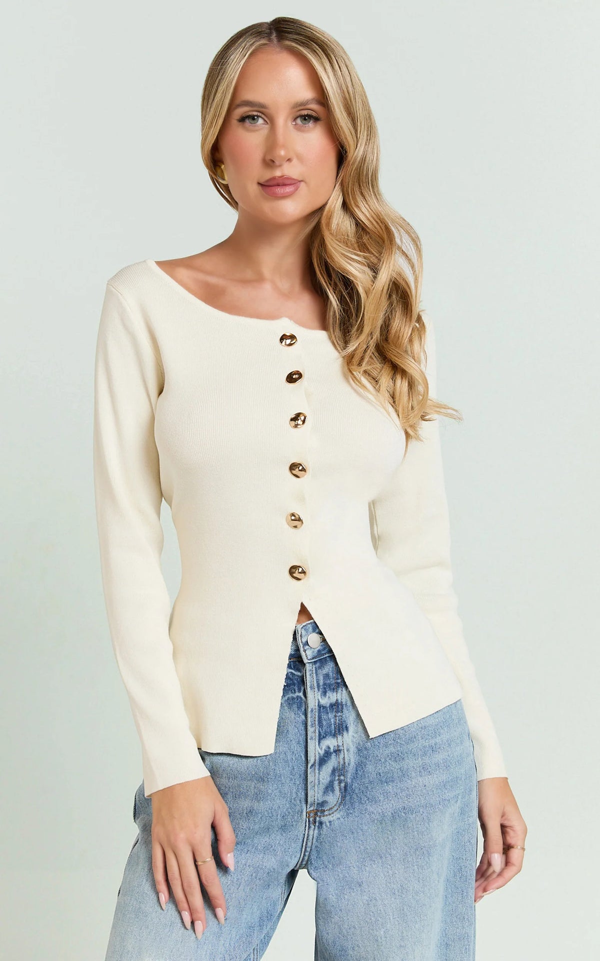 Mildred Top - Long Sleeve Button Down Top with Gold Hardwear in White