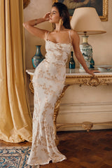 White &Amp; Gold Jacquard Satin Gown