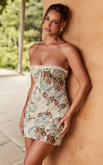 Dana Mini Dress - Jacquard Strapless Contrast Trim Bodycon Dress in Cream