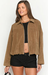 River Brown Suede Bubble Hem Bomber Jacket