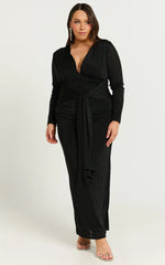 Melanie Midi Dress - Plunge Long Sleeve Tie Front Dress in Black