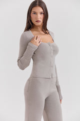 Grey Cashmere Ribbed Cuff Cardigan