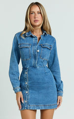 Ainsley Mini Dress - Button Through Long Sleeve Denim Dress in Mid Blue Wash