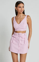 Sarah Two Piece Set - V Neck Crop Top and Belted Utility Mini Skirt in Pale Pink